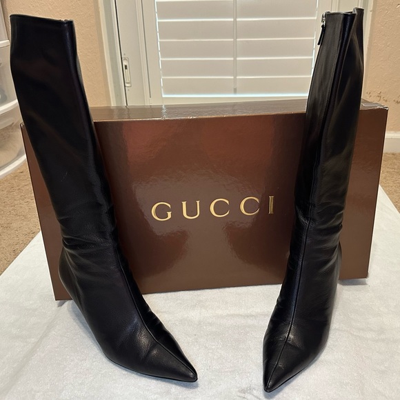 GUCCI women’s tall black knee high leather boots zipper pointed toe style SZ 10 - Picture 2 of 16